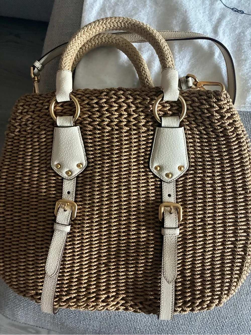 Prada Beige Braided-Trim Tote with Gold Hardware - Picture 7 of 9